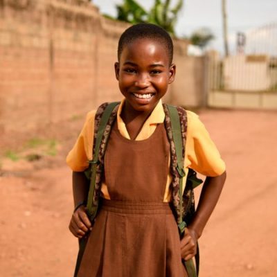 Vrolijk meisje uit Kenia in schooluniform met rugtas op haar rug