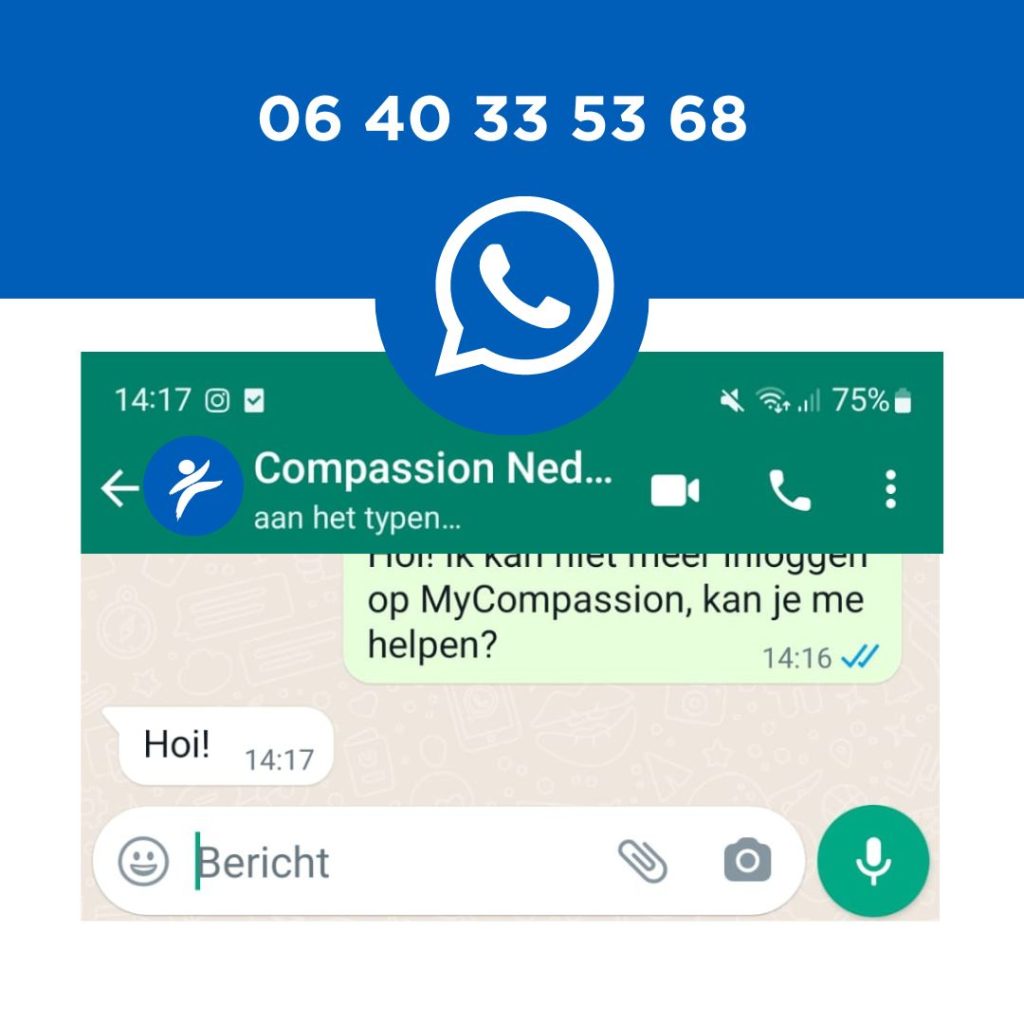 Een voorbeeld van het WhatsApp-account van Compassion Nederland.