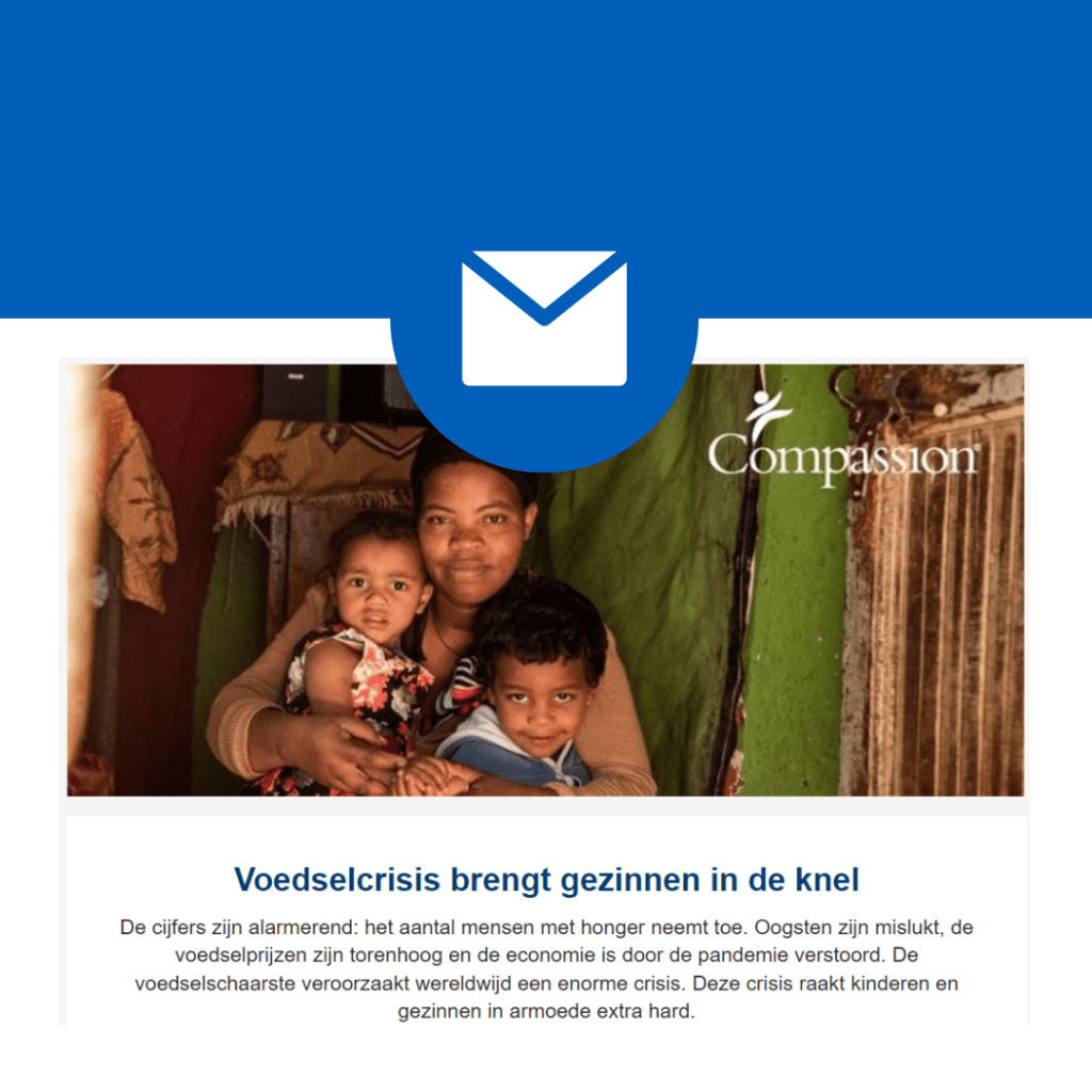 Een voorbeeld van de maandelijkse nieuwsbrief van Compassion Nederland.