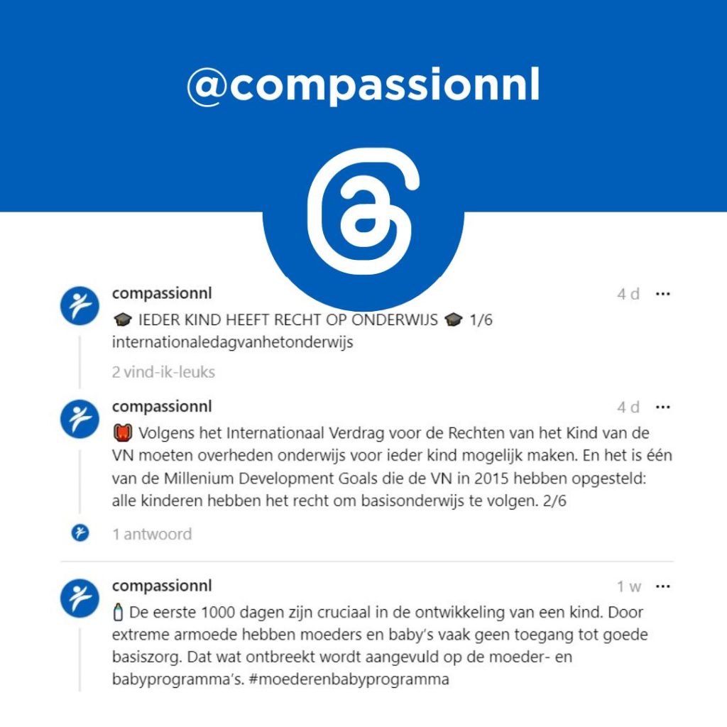 Een voorbeeld van het Threads-account van Compassion Nederland.