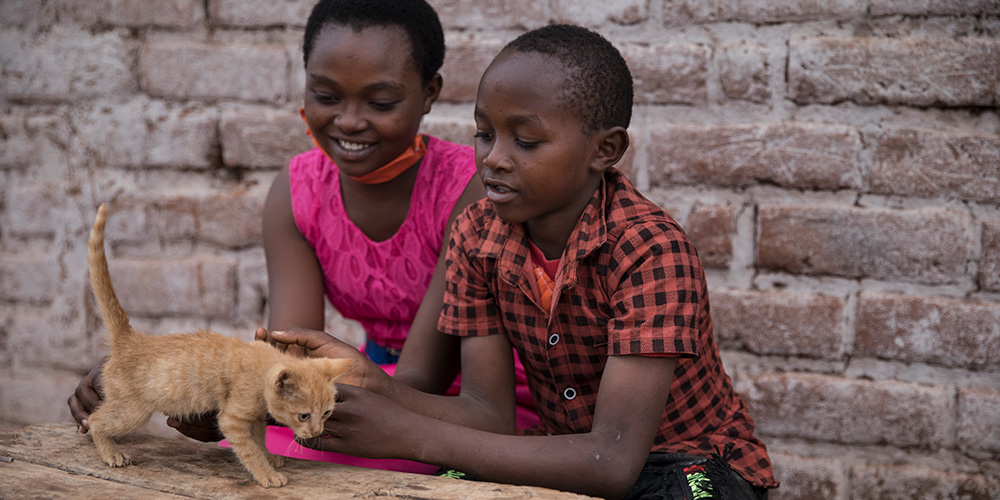Dennis uit Kenia speelt met zijn zusje met een kat.