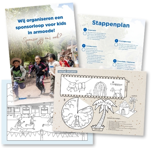 Voorbeelden van materialen uit de toolkit voor het organiseren van een sponsorloop.