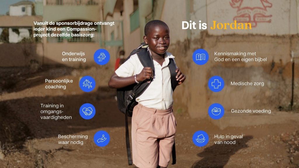 Banner met een foto van Jordan in het midden en eromheen de hulp die kinderen krijgen op alle gebieden van hun leven.